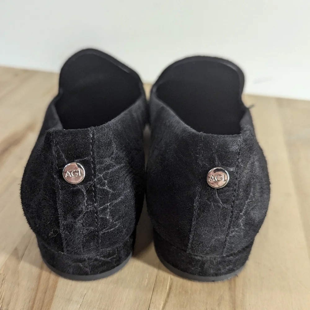 AGL Black Suede Italian Leather Loafers Animal Print 37.5 Low Heel 7 / 7.5